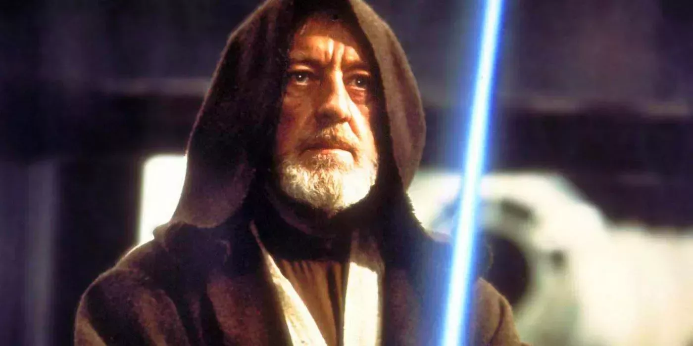 Old Ben Kenobi wields a blue lightsaber