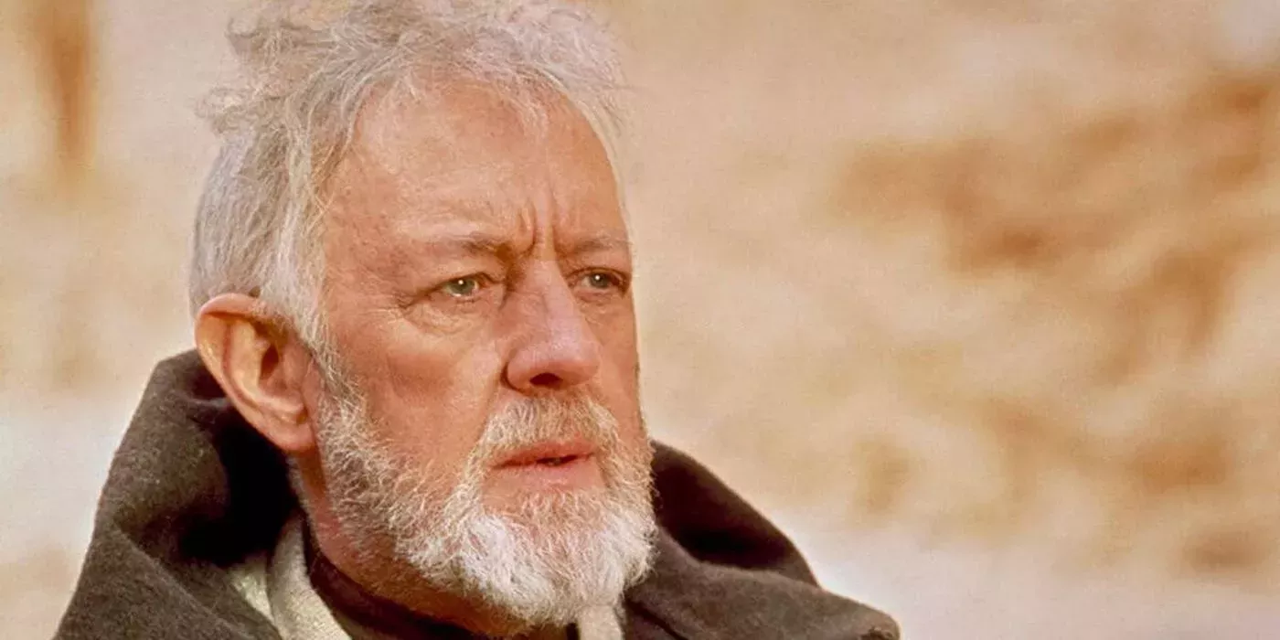 Obi-Wan Kenobi (Alec Guinness) staring into the middle distance in Star Wars: A New Hope