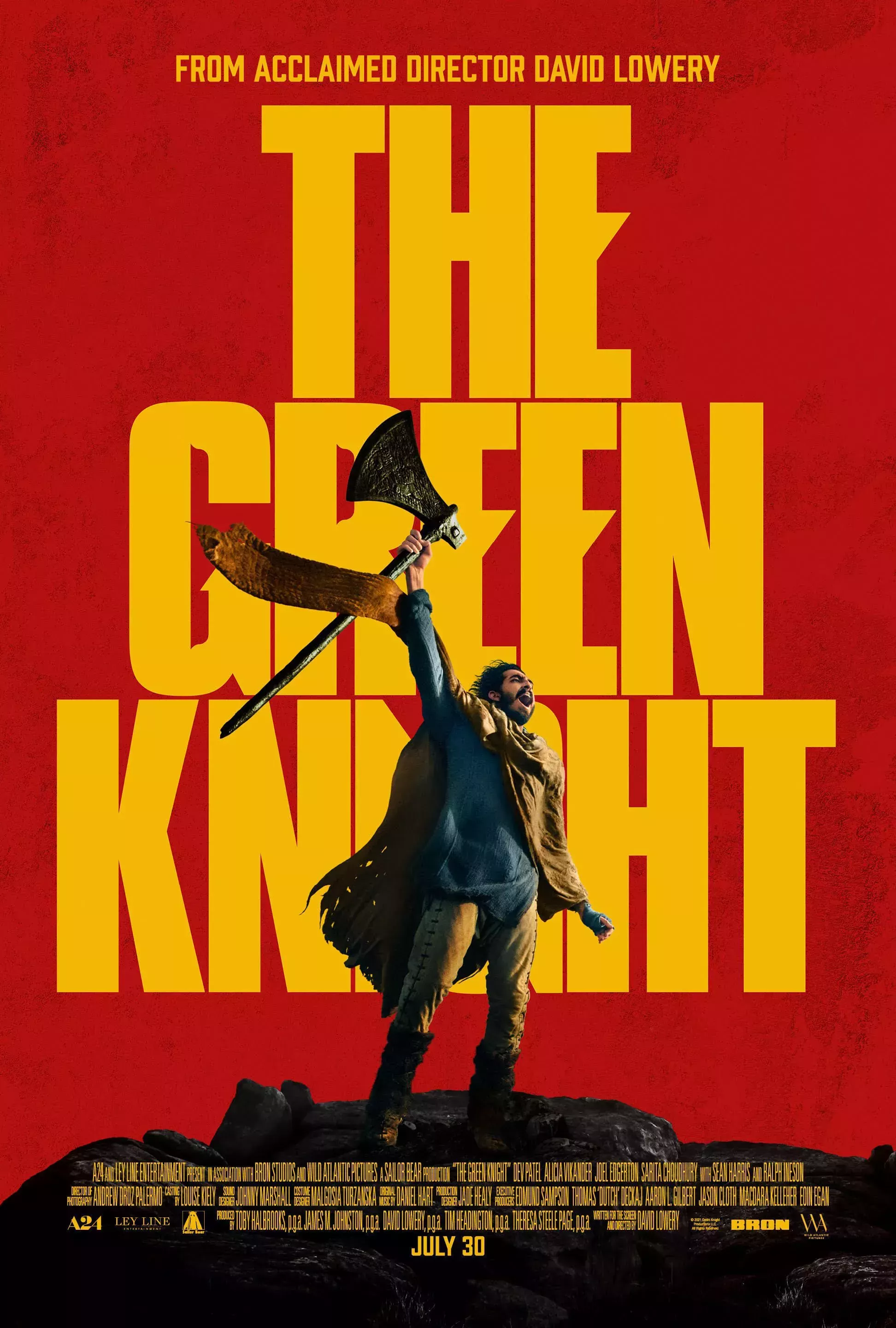King Arthur's nephew raising an axe on the cover of The Green Knight movie poster