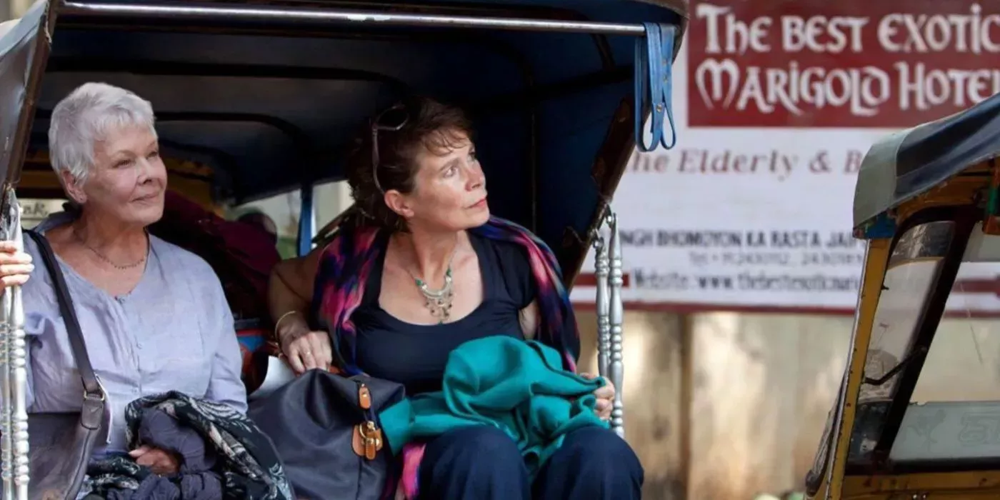Madge and Evelyn looking to their left in The Best Exotic Marigold Hotel