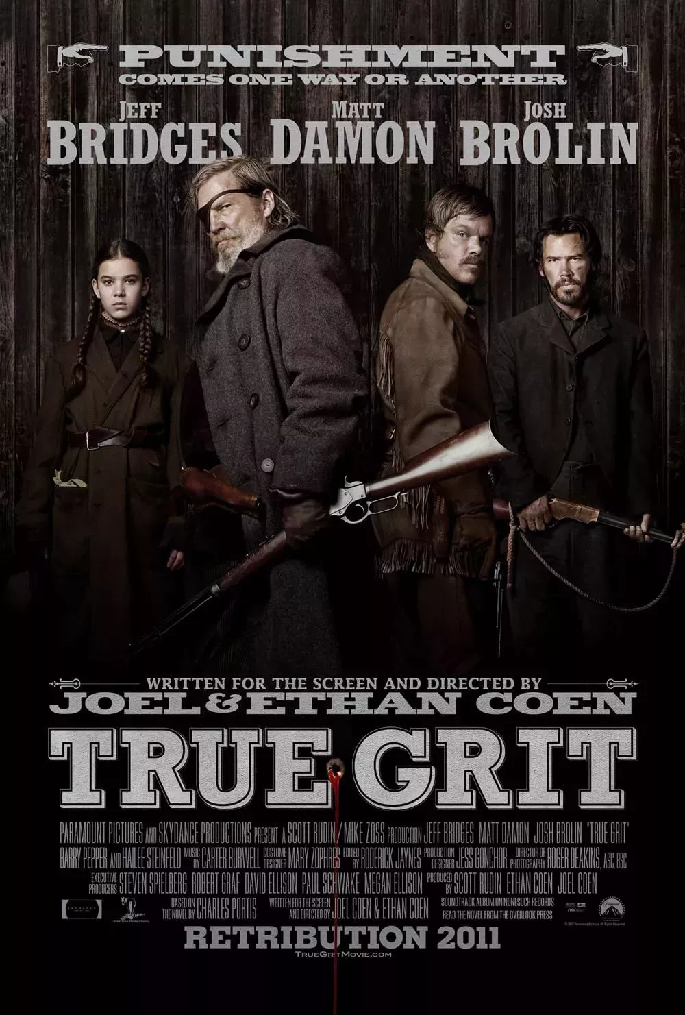 True Grit movie poster with the main cast standing together.
