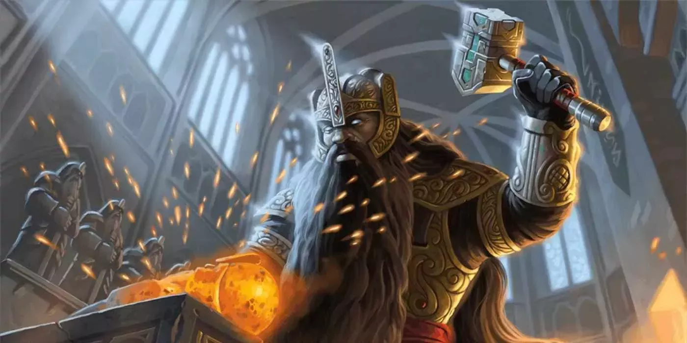 A Dwarf is smithing at a forge in DnD.