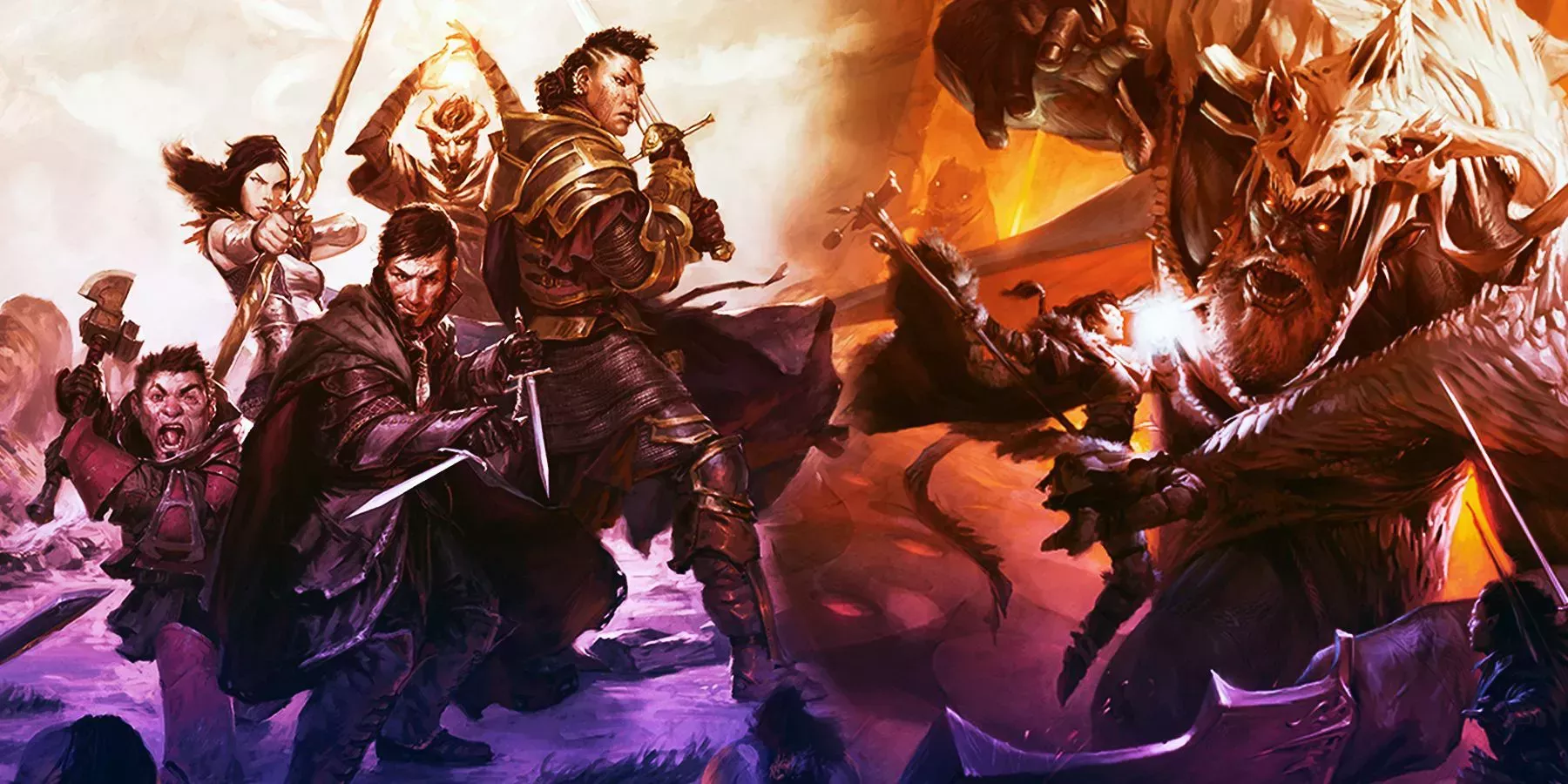 A group of adventurers are back to back with weapons at the ready, and a warrior jumps in the air to land a blow on a giant. 