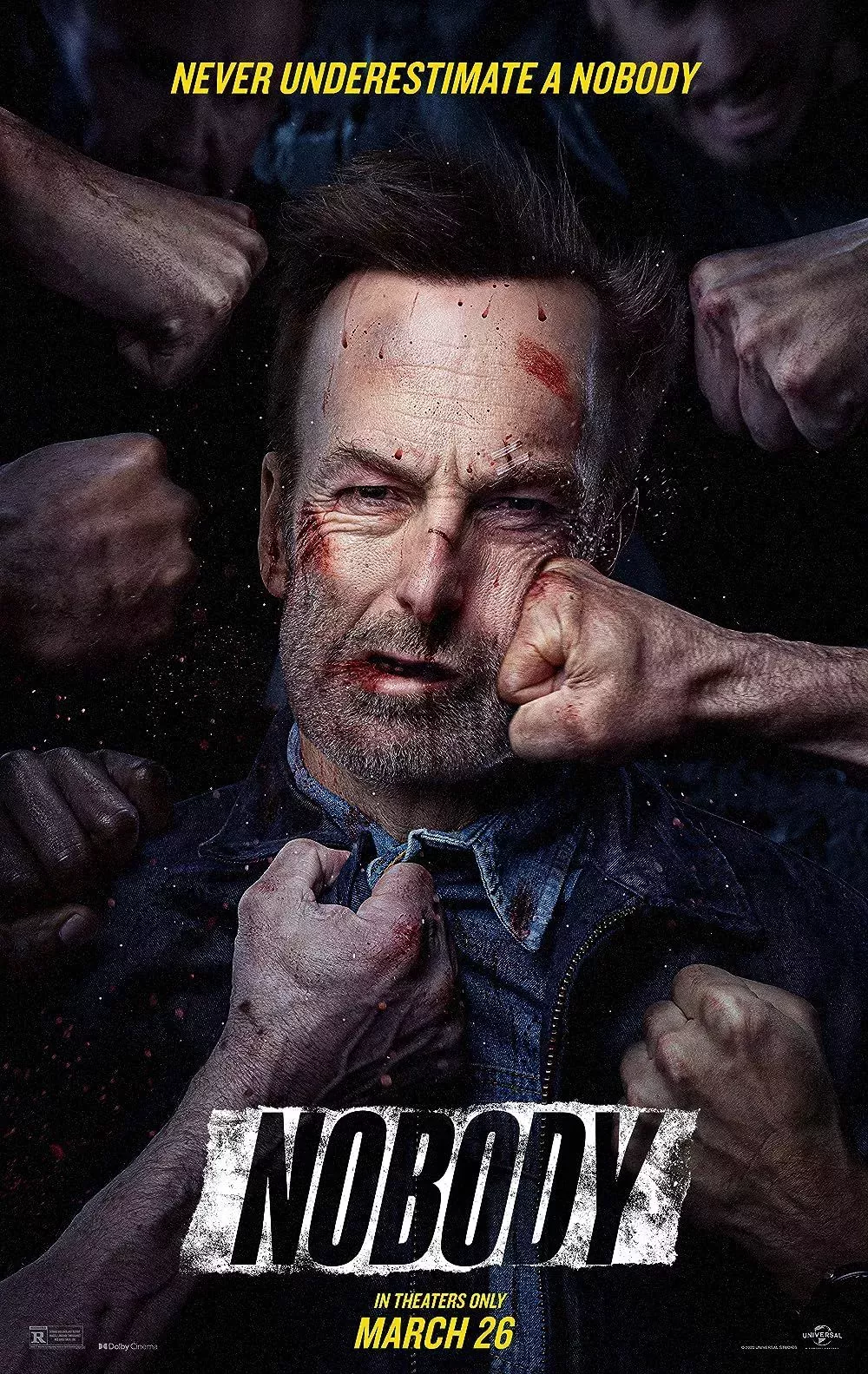 A bunch of anonymous fists hit Bob Odenkirk on the poster of Nobody the film