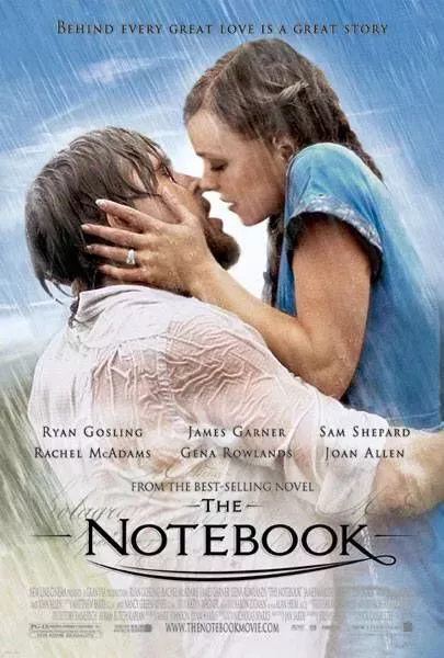 Noah and Allie kissing in the pouring rain.on The Notebook Movie Poster