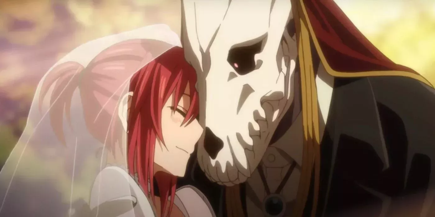 Chise hugs Elias in a white dress and veil in The Ancient Magus' Bride.