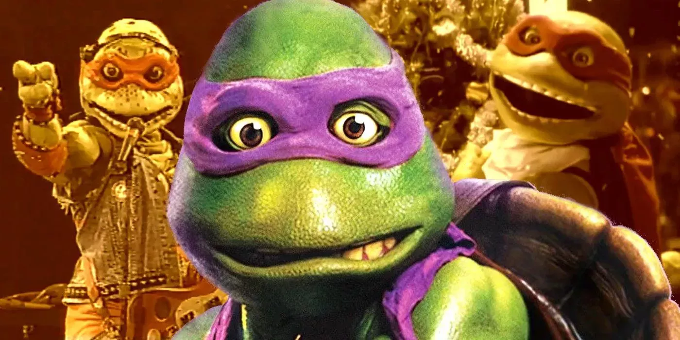 Donatello from Teenage Mutant Ninja Turtles II: Secret of the Ooze stands in front of Michaelangelo.