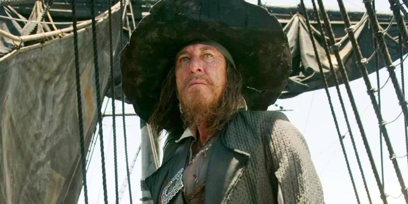 Captain Barbossa looking out on the ocean
