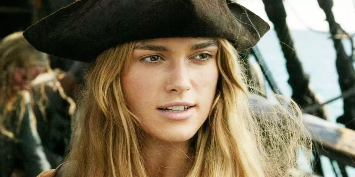 Elizabeth Swann dons a pirate hat in Pirates Of The Caribbean.