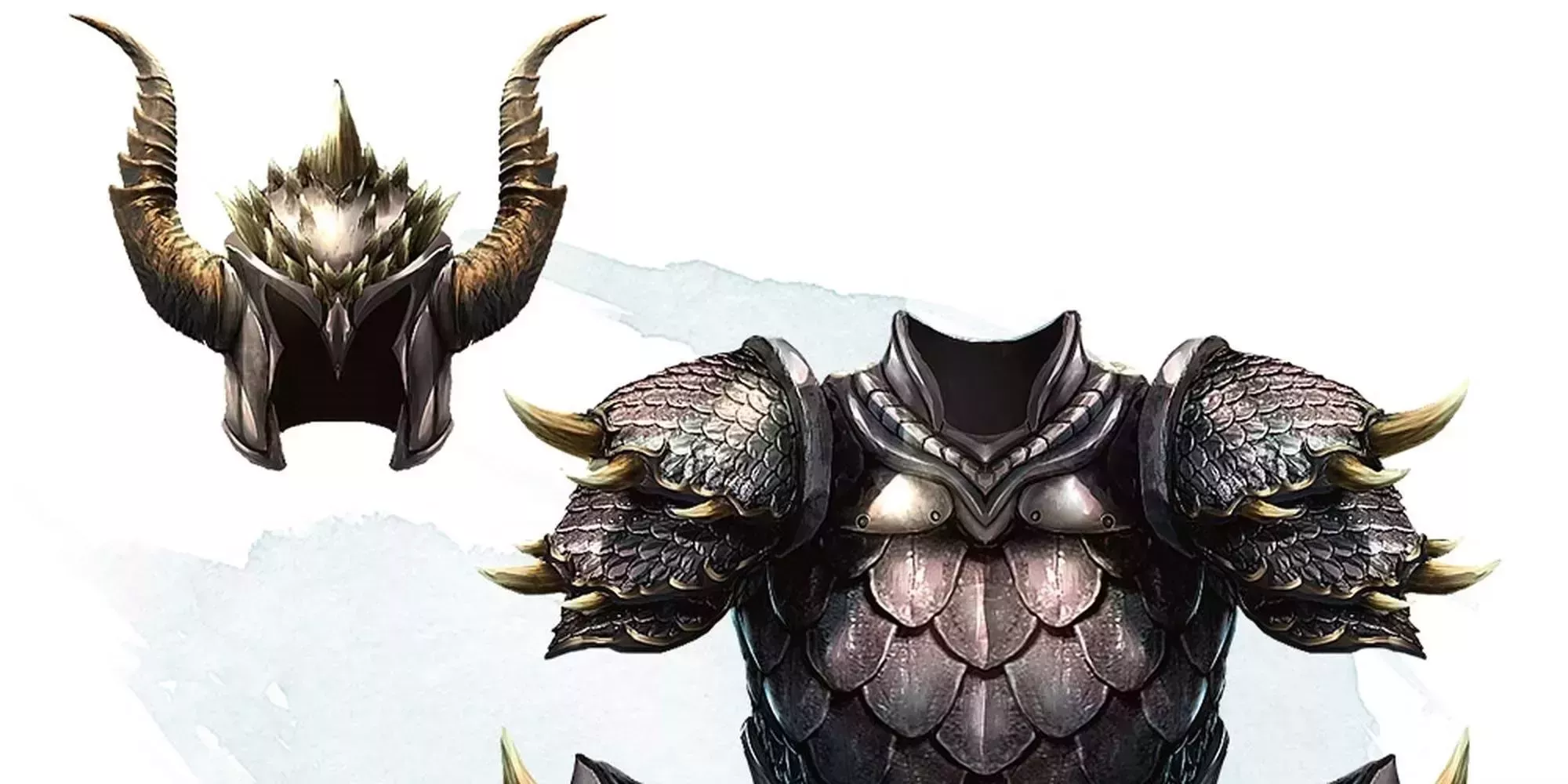 a set of dragon scale armor with a horned helmet to the side