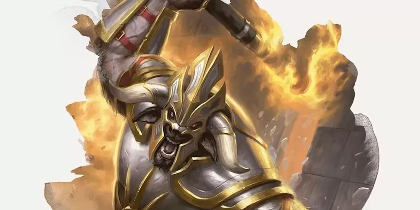 a minotaur warrior with fire behind him