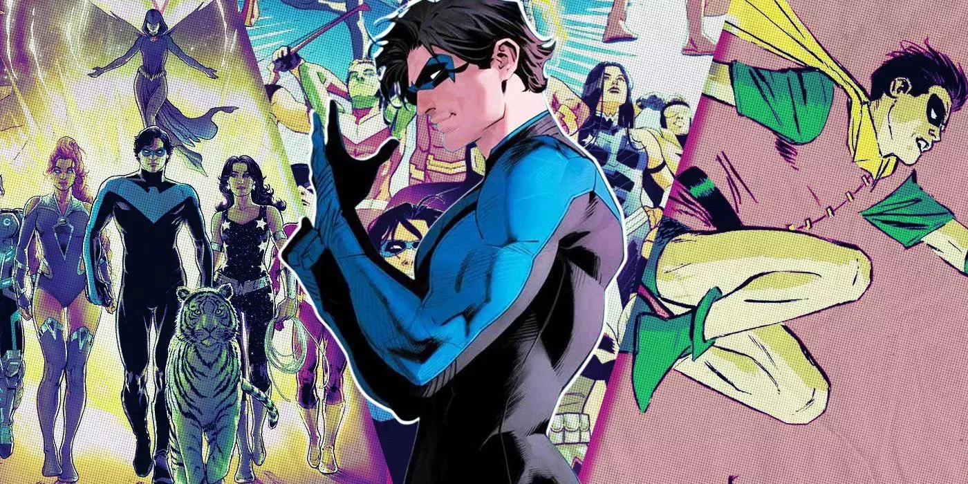 A collage of Nightwing, Dick Grayson's Robin, the Titans, and the Justice League in DC Comics