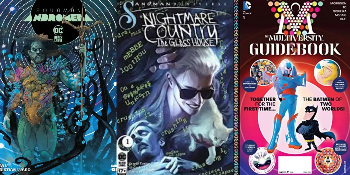 A split image of Aquaman: Andromeda, Nightmare Coutry: The Glass House, and The Multiversity Guidebook