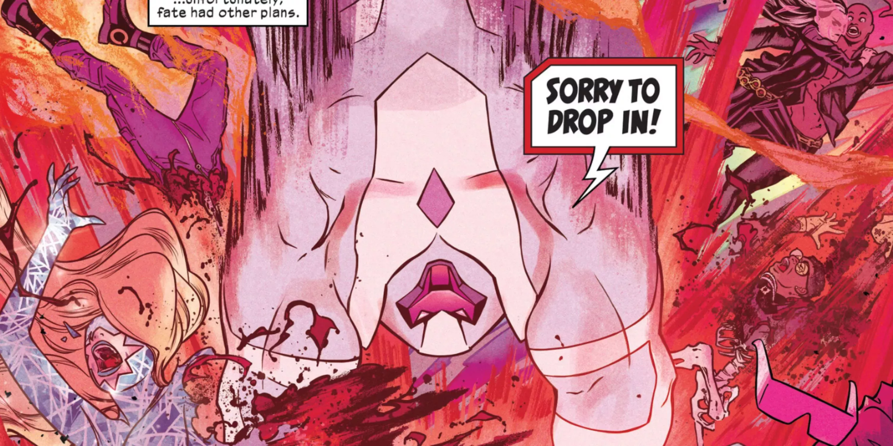 Nimrod drops in and kills the new X-Men team at the Hellfire Gala in Marvel Comics