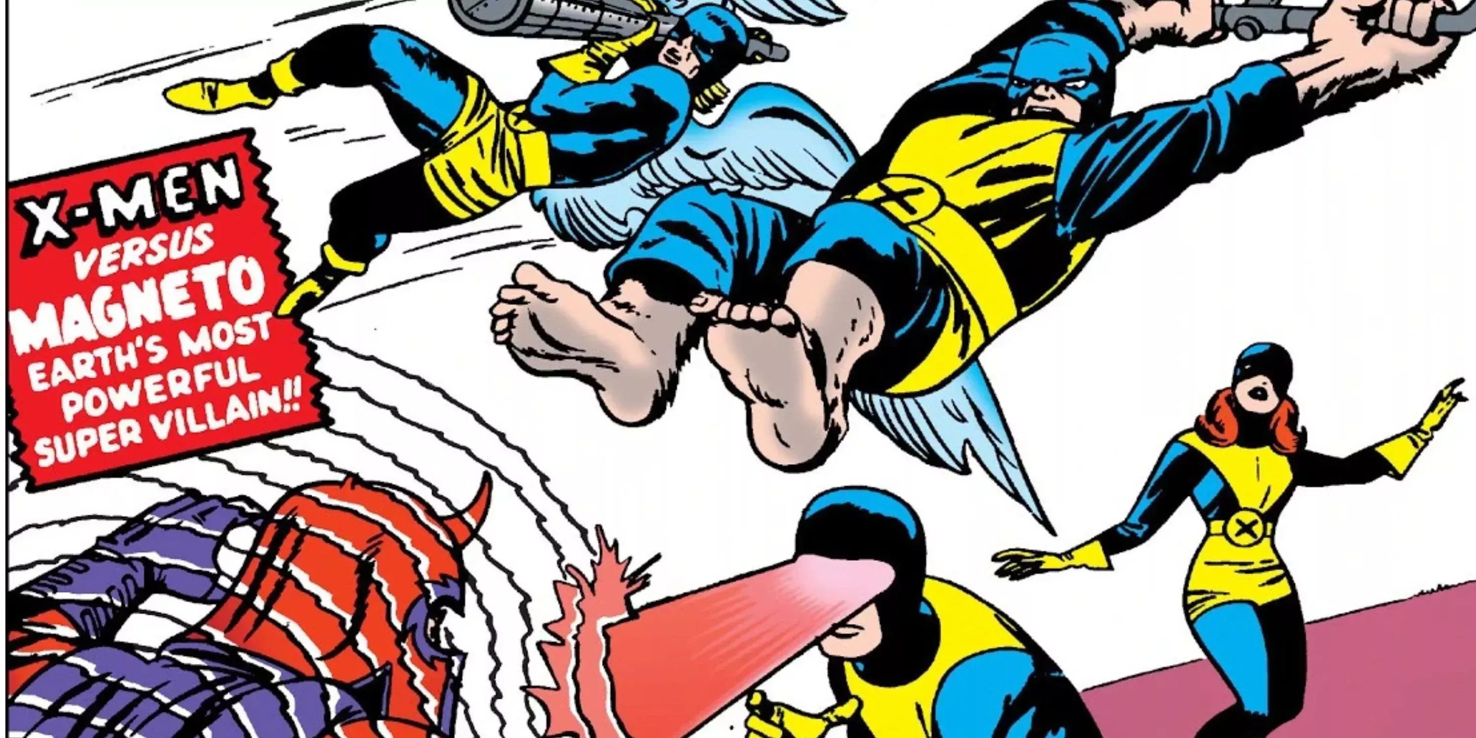 Cyclops, Beast, Angel, and Marvel Girl vs Magneto on the cover of Marvel's X-Men #1