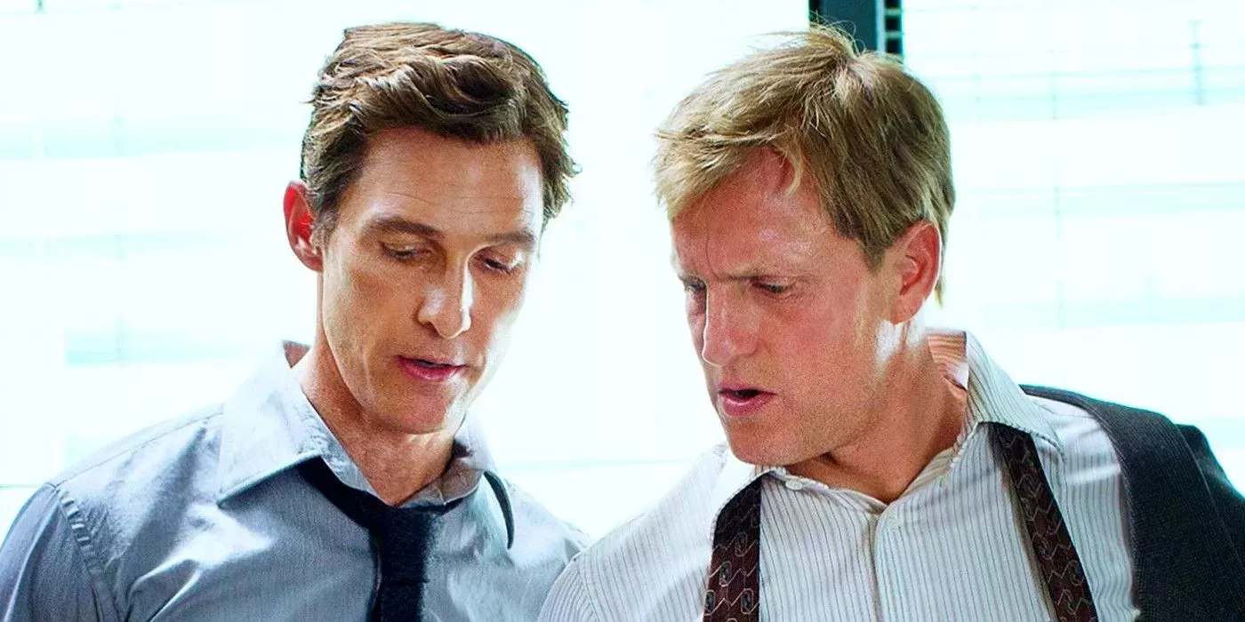 True Detective Cohle and Marty talk together while looking at evidence