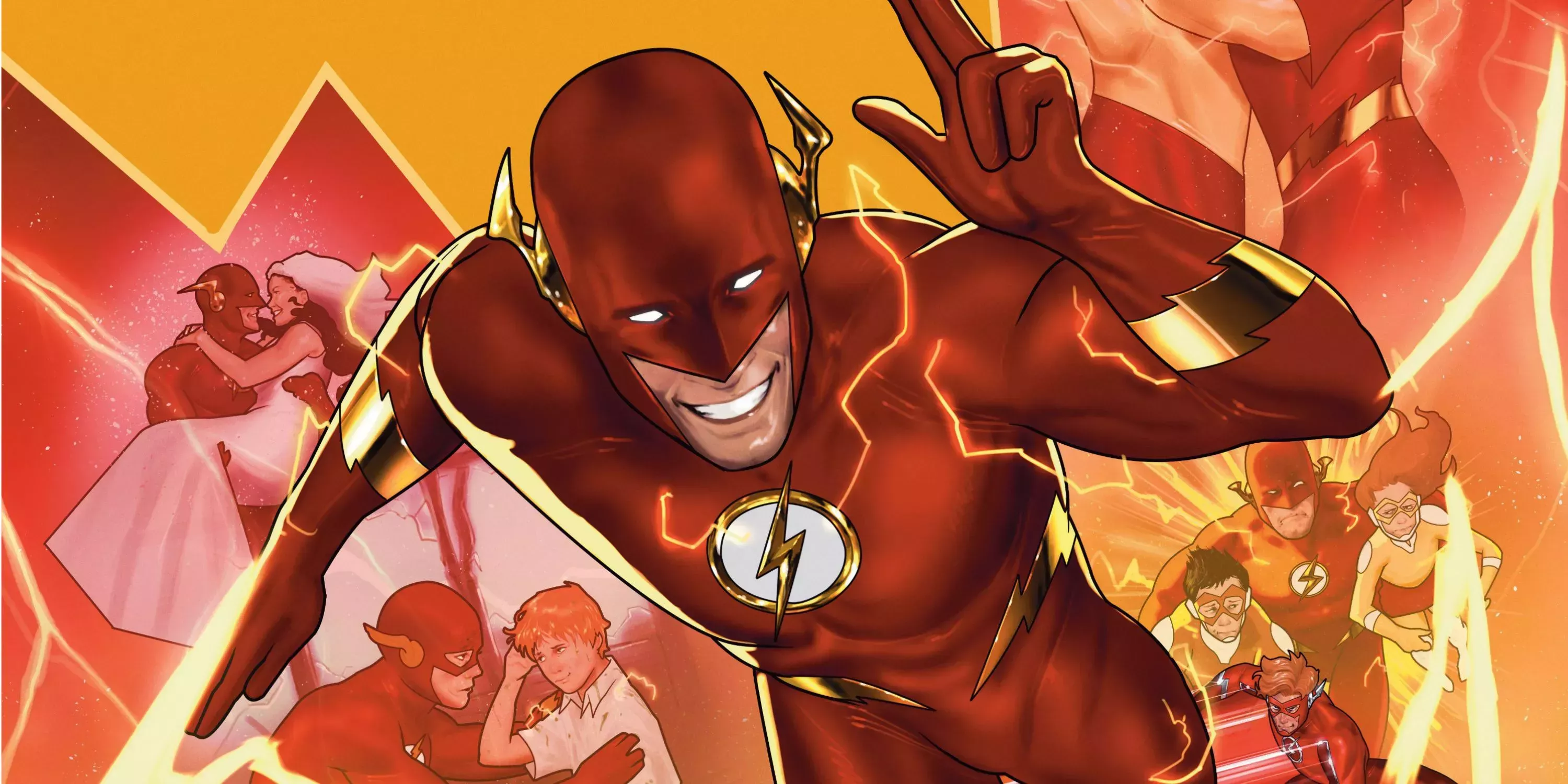 Wally West as The Flash, running in front of images from his past from DC Comics