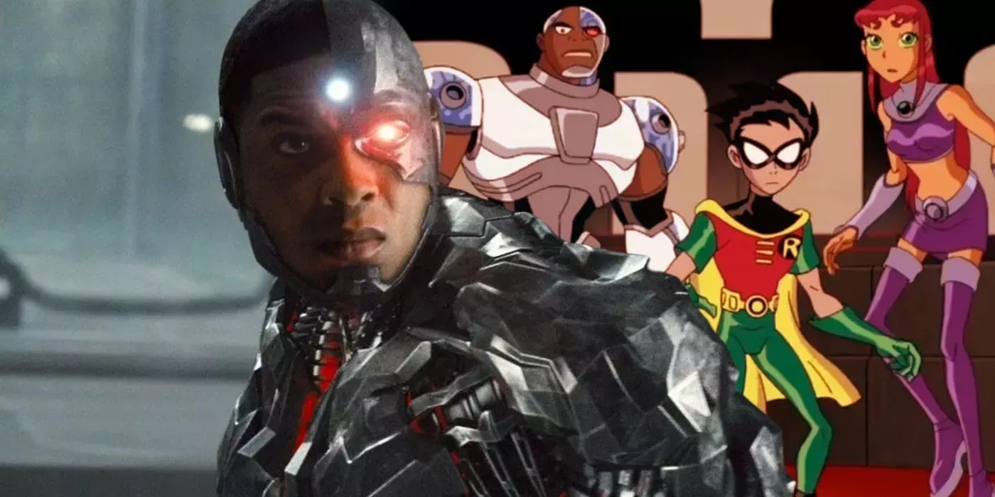 Split: Ray Fisher as Cyborg in Justice League; Robin, Cyborg, and Starfire in Teen Titans (2003)