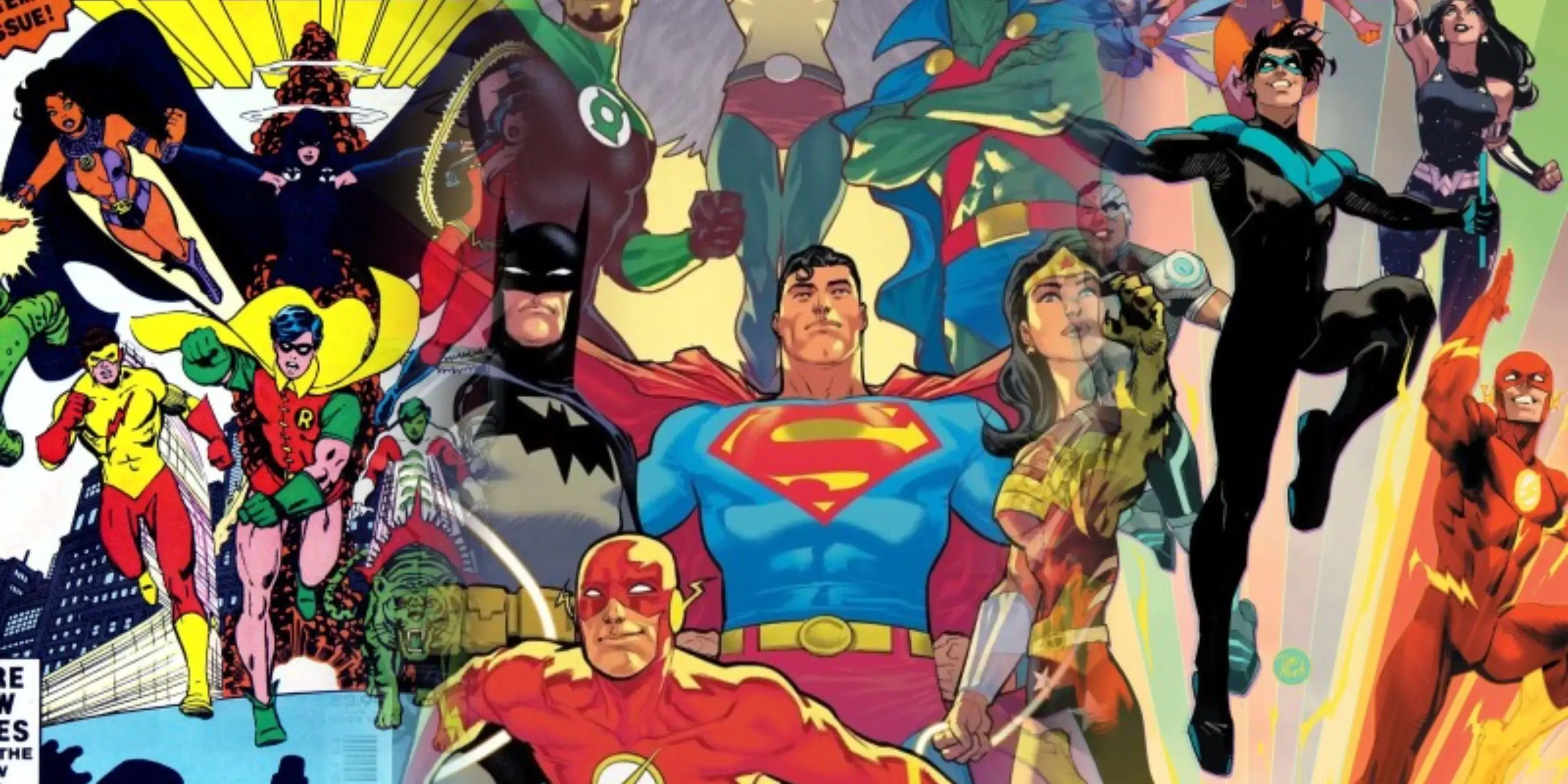 Images of the Titans (from their 1980s and 2023 series) with the animated Justice League.