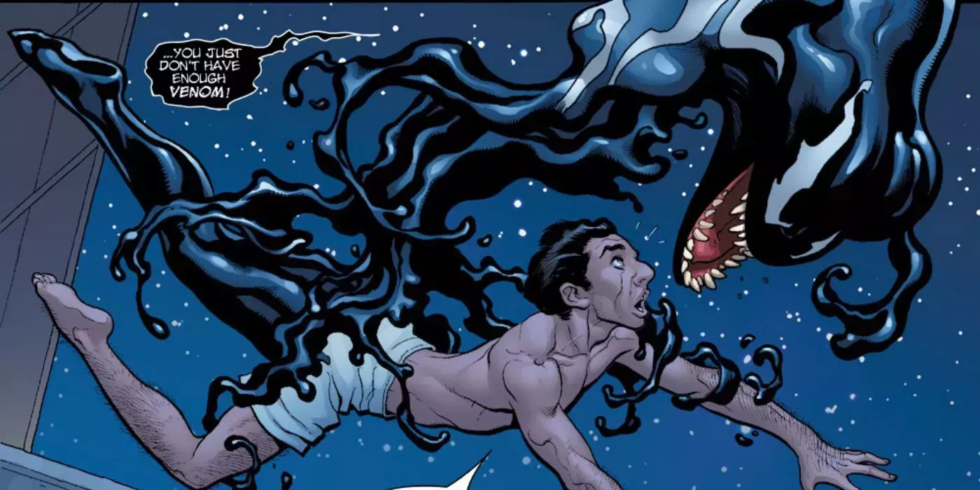 The Venom symbiote leaves its host, Angelo Fortunato, in comics