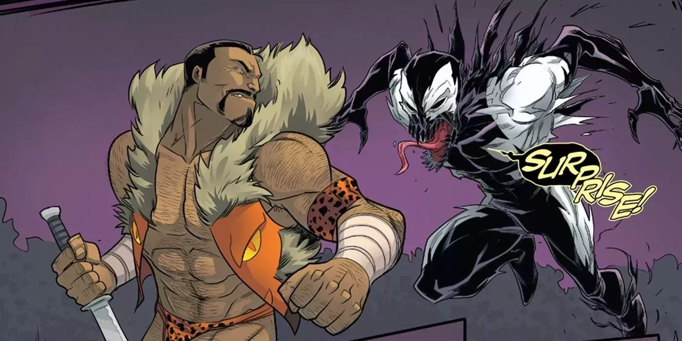 Deadpool bonded to the Venom symbiote attacks Kraven the Hunter