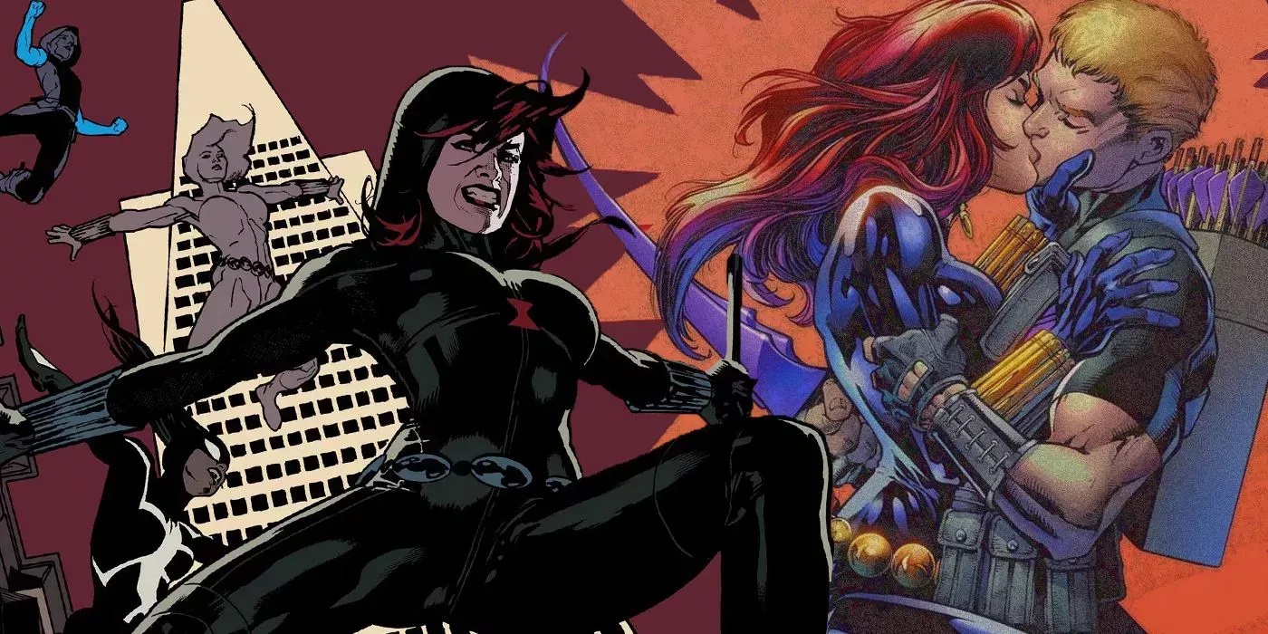 Black Widow with her sidekicks and kissing Hawkeye split image