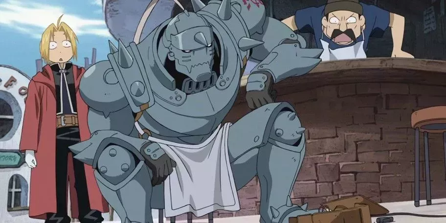 Ed and Al standing over a broken radio while a shopkeeper yells at them in Fullmetal Alchemist: Brotherhood