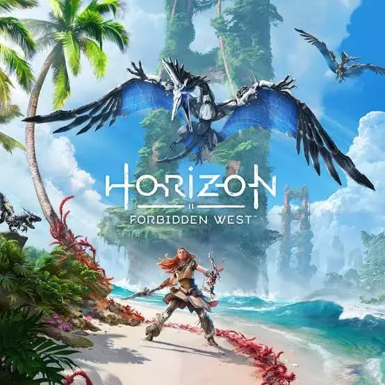 Aloy fighting on a beach in art from the Horizon Forbidden West video game poster