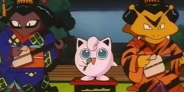Jigglypuff performs a concert for Gary Oak with Electabuzz and Hitmonlee by their side.