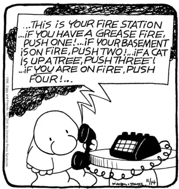 Ziggy calls the fire station and encounters a phone tree
