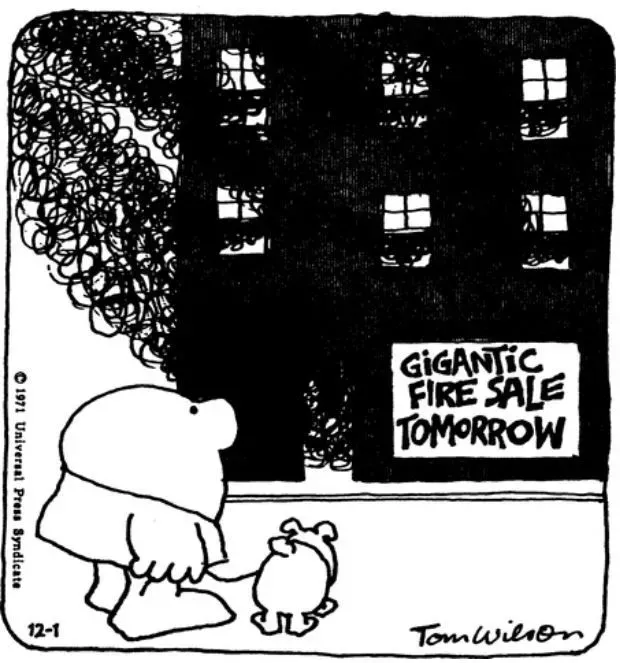 Ziggy finds a building on fire with a fire sale advertised for the next day