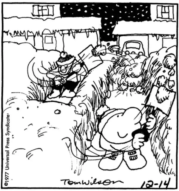 Ziggy shovels snow while his neighbor shovels snow right onto ziggy's yard