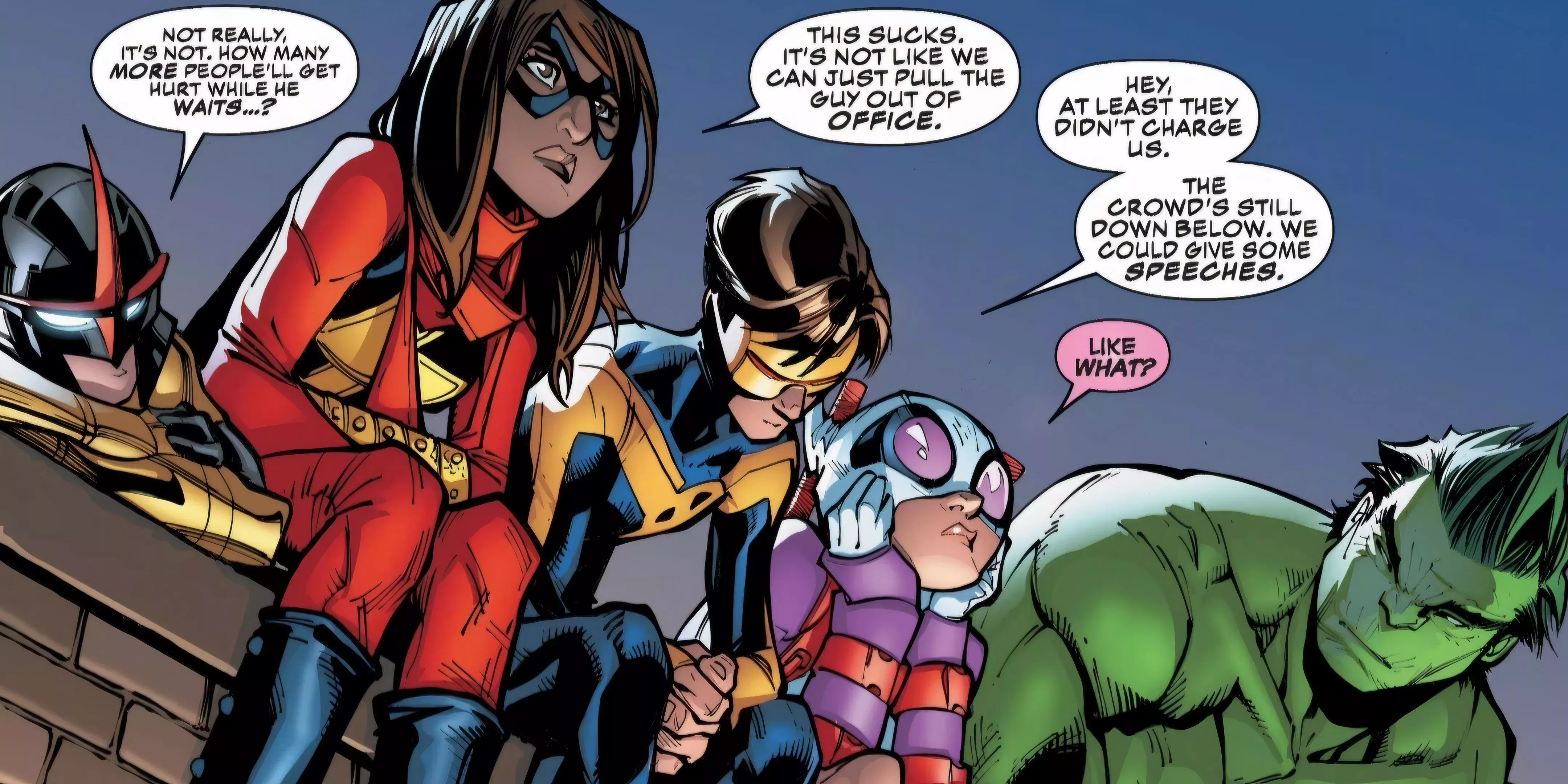 The Champions members Nova, Ms. Marvel, Cyclops and Hulk sitting down with Gwenpool