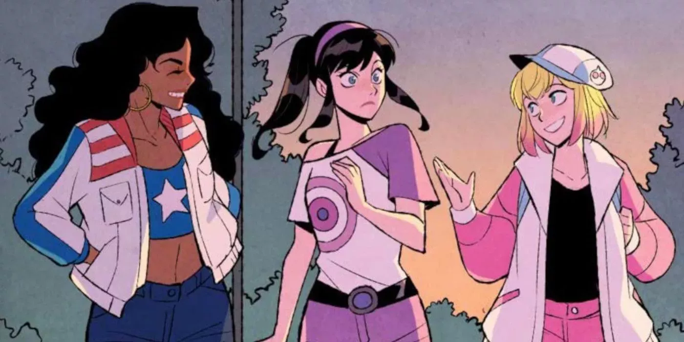 Picture from It's Jeff!, of Gwenpool going on a walk with her fellow West Coast Avengers, Kate Bishop and America Chavez.
