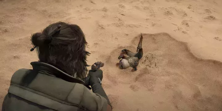 Nix plays dead after Kay points her blaster at him in Star Wars Outlaws