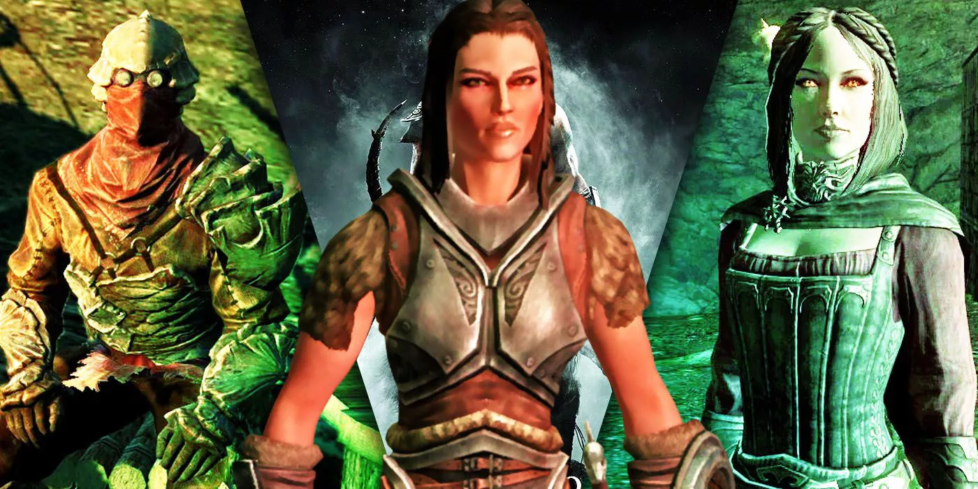 Split Images of Teldrin Sero, Lydia and Serena from Elder Scrolls V: Skyrim are spliced together to form one, custom image.