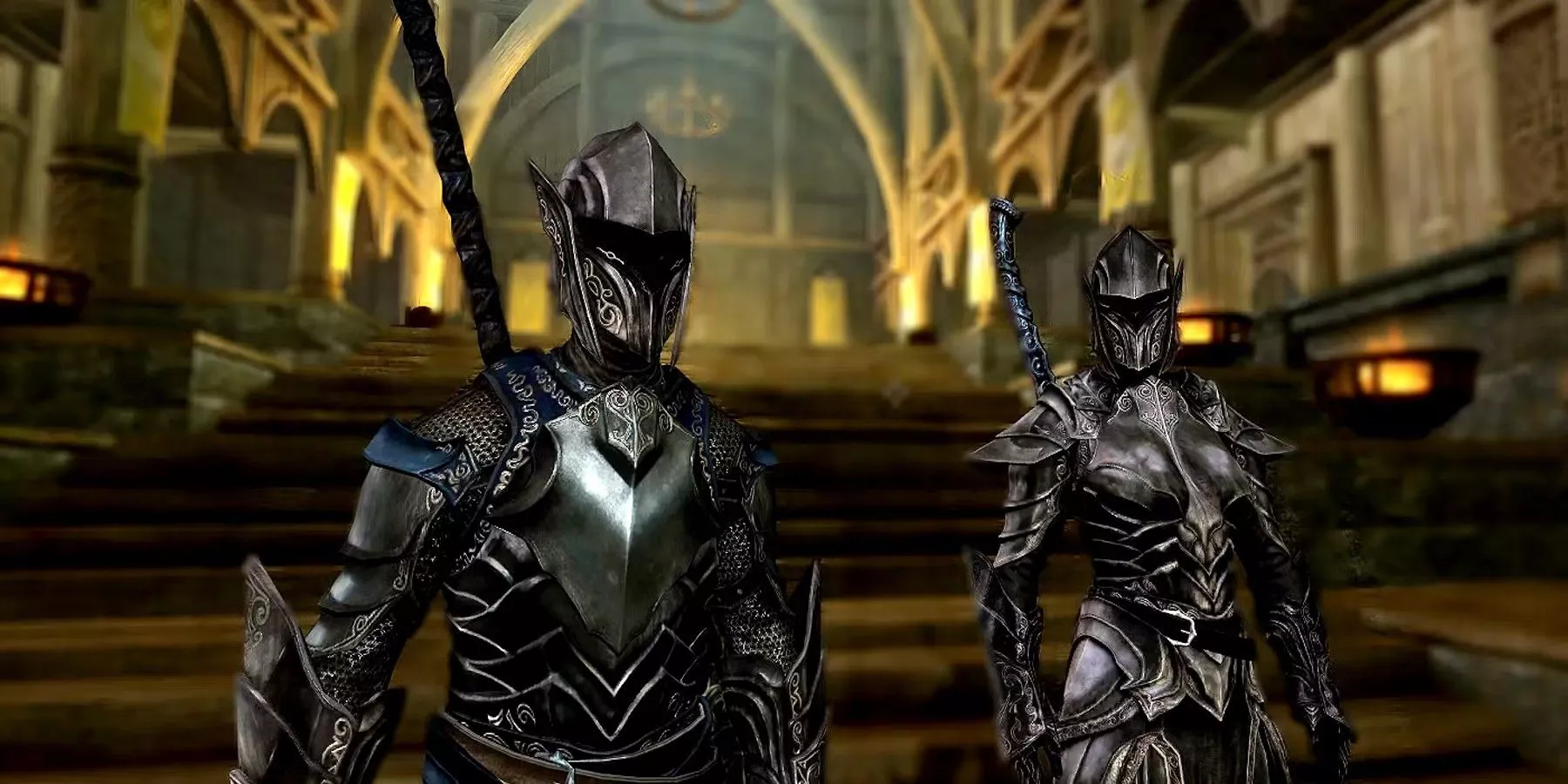 Two characters wearing Ebony Mail in Skyrim