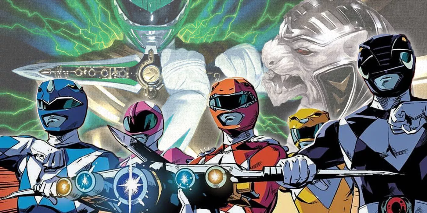 Imagen dividida de los Power Rangers sosteniendo el Power Blaster con el Daga del Dragón del Ranger Verde y Saba al fondo
