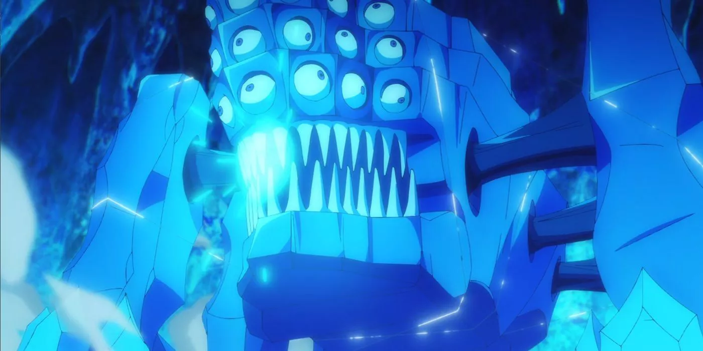 El Frost Rex de Wistoria: Varita y Espada disparando un rayo de energía desde su boca.