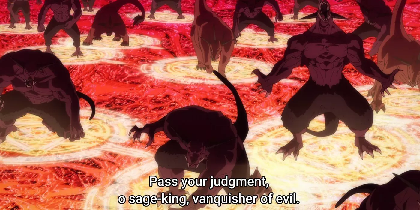 Sentinelas Malignos de pie sobre los círculos mágicos de Light Sovereign Aaron en Wistoria: Varita y Espada.