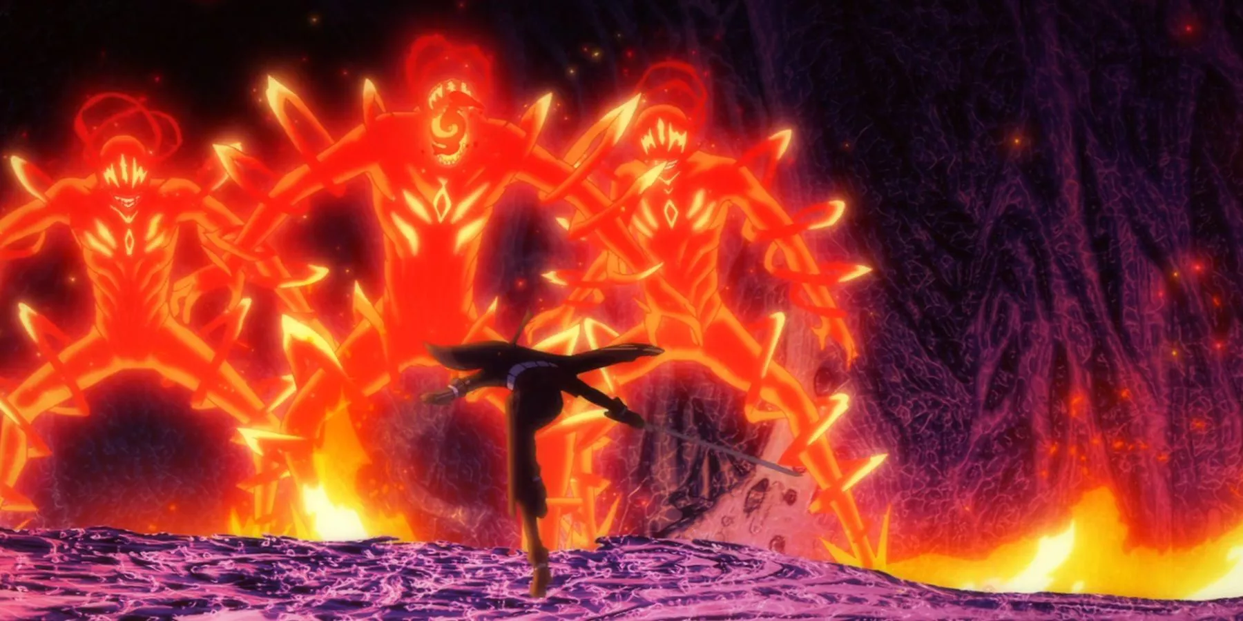 Will Serfort cargando contra un trío de Balkars en Wistoria: Varita y Espada.