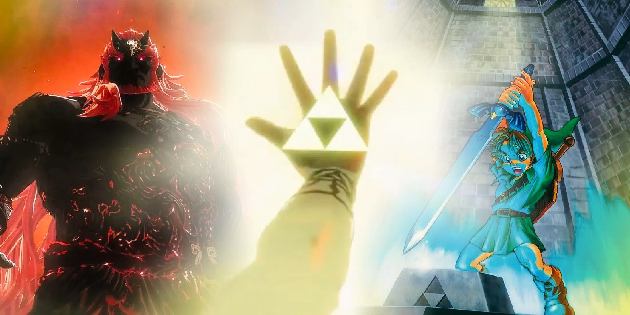 Princess Zelda reaching out with the Triforce to Link from OOT and Ganondorf from TOTK.