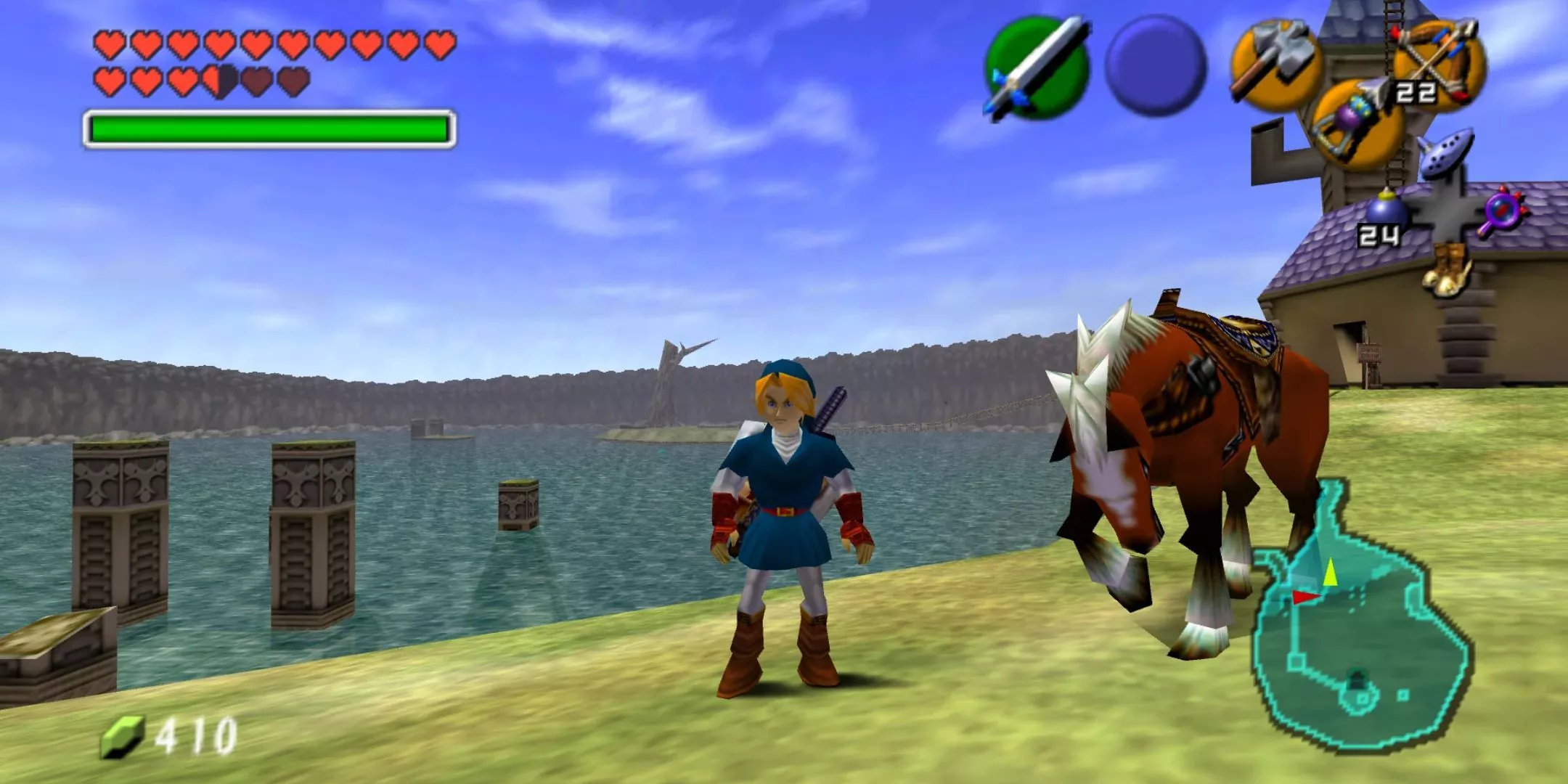 Link stands next to Epona by the water in the Ship of Harkinian's unofficial port of The Legend of Zelda Ocarina of Time.