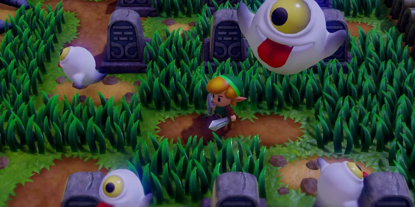 Link is in a graveyard with ghosts in The Legend of Zelda: Link's Awakening 