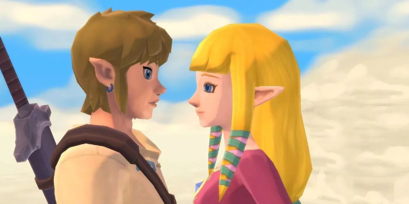 Link and Zelda get close (before Zelda pushes him) in The Legend of Zelda: Skyward Sword