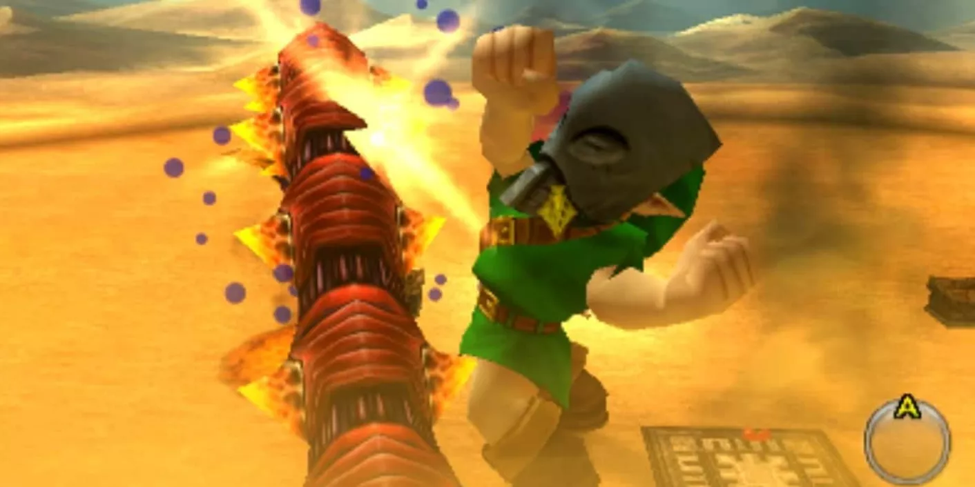 Imbued with the Giant's Mask, Link pummels the Red Twinmold in The Legend of Zelda: Majora's Mask 3D.