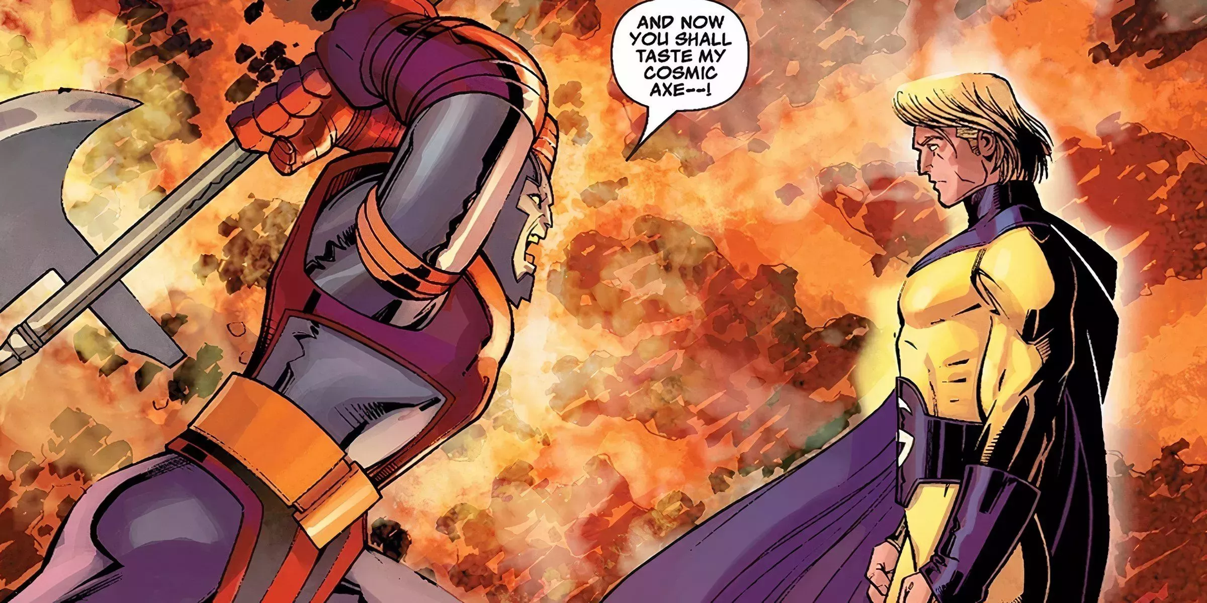 Terrax charges at the Sentry with a cosmic axe, yet he is unfazed