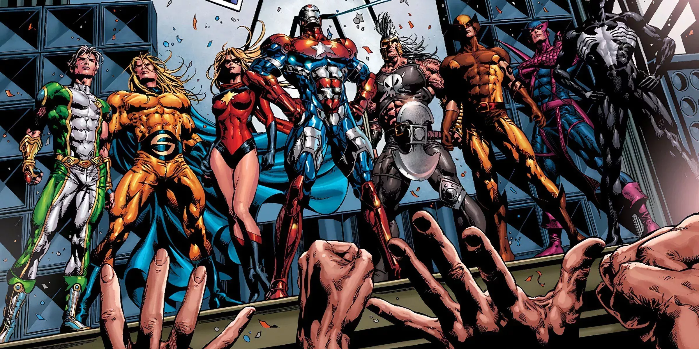 An image from Dark Avengers showcasing the team on stage with a large crowd cheering for them
