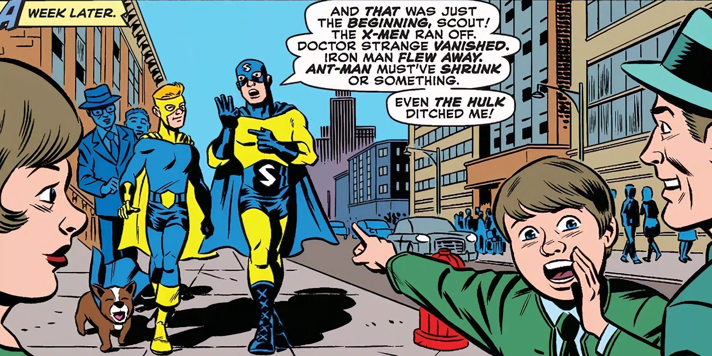 The Sentry talks with his sidekick while walking down a sidewalk in a busy city with onlookers pointing at them