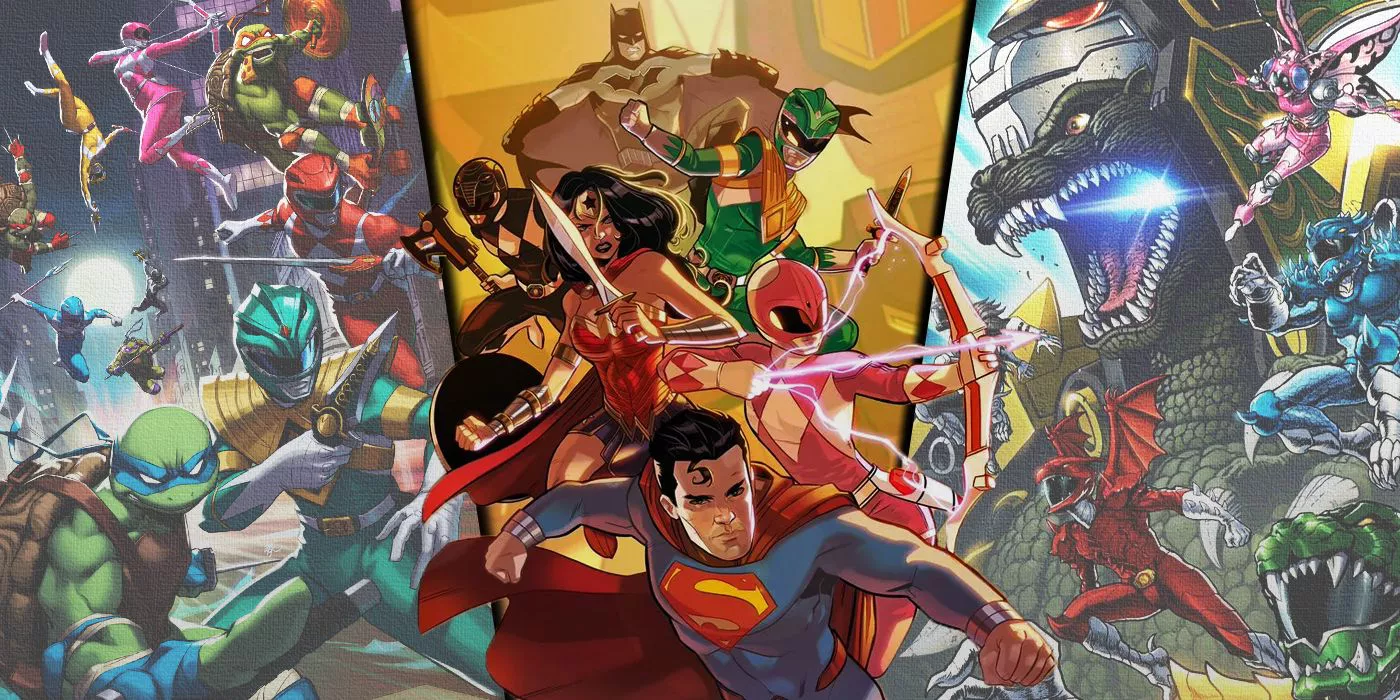 Split image of Power Rangers crossovers with TMNT, Justice League and Godzilla